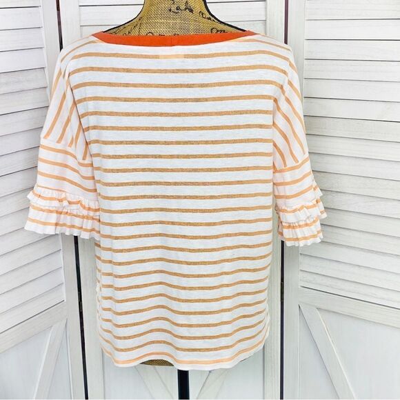 Hem & Thread Striped Slub Knit Short Ruffle Sleeve T-shirt White Orange Large - Picture 4 of 12